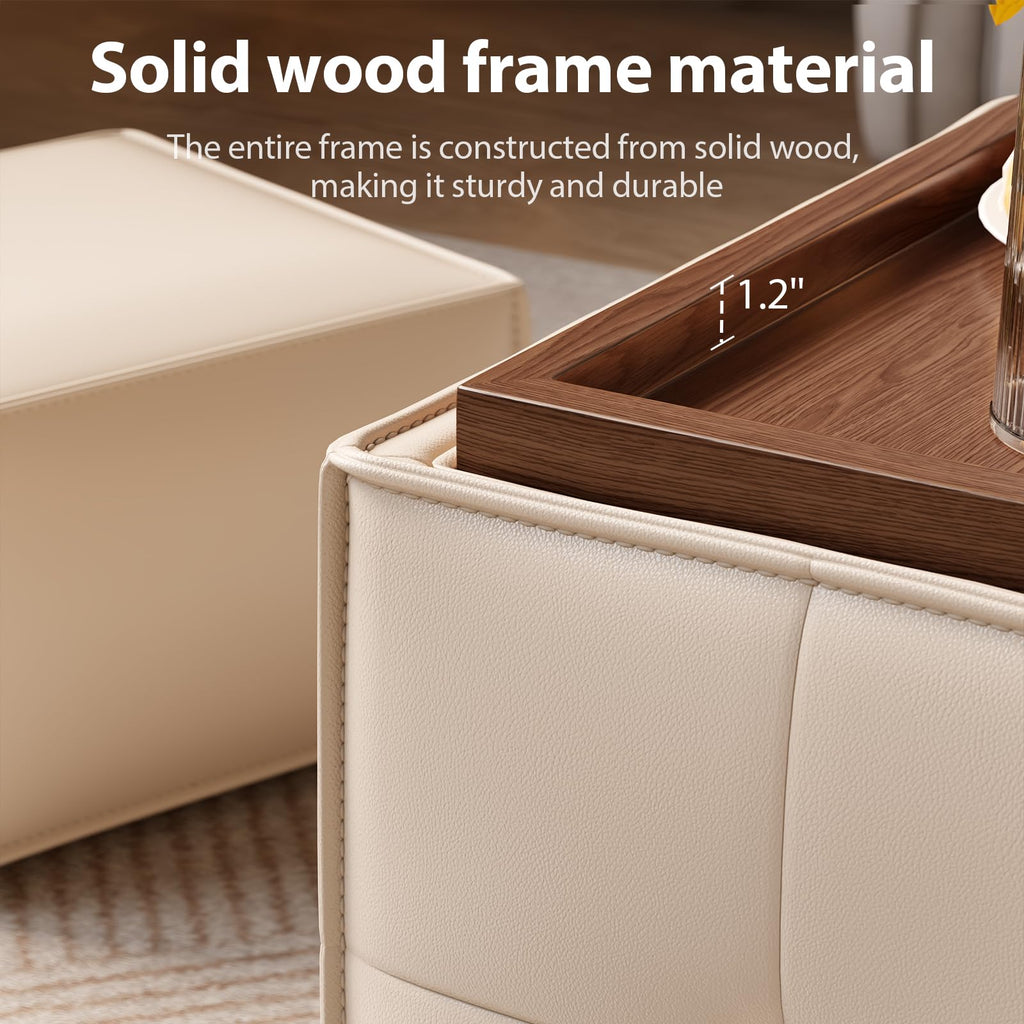 Square Ottoman with Storage Set of 2, Leather Coffee Table Ottoman, Multifunctional Foot Rest Stool with Storage