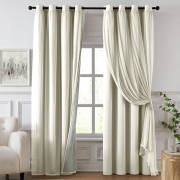 100% Blackout Curtains, Double Layer Ivory Curtains, Black Out Curtain 84 inch Long with Sheer Overlay, Room