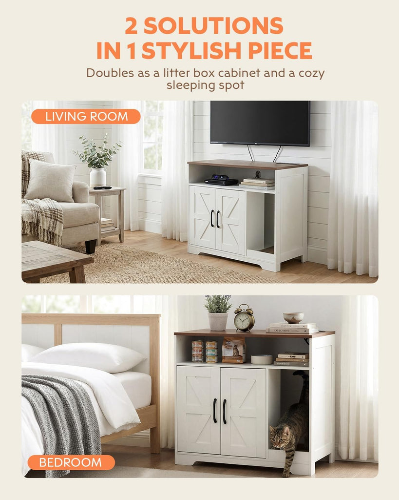Cat Litter Box Enclosure Furniture with 2-Tier Storage, Hidden Cat Litter Box Cabinet with Scratch Pad & Charging
