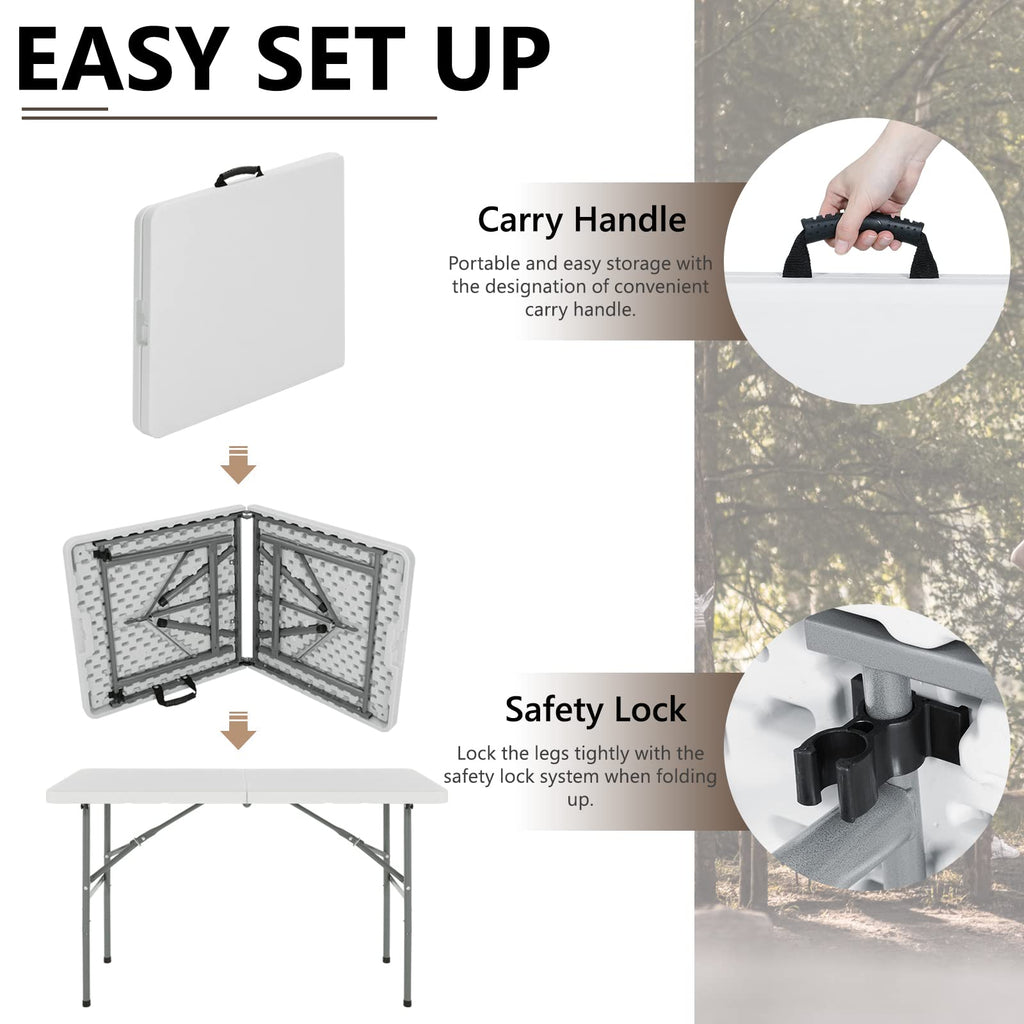 4ft Plastic Folding Table, Heavy Duty Picnic Table w/Handle for Indoor Outdoor, 48x24 Inches