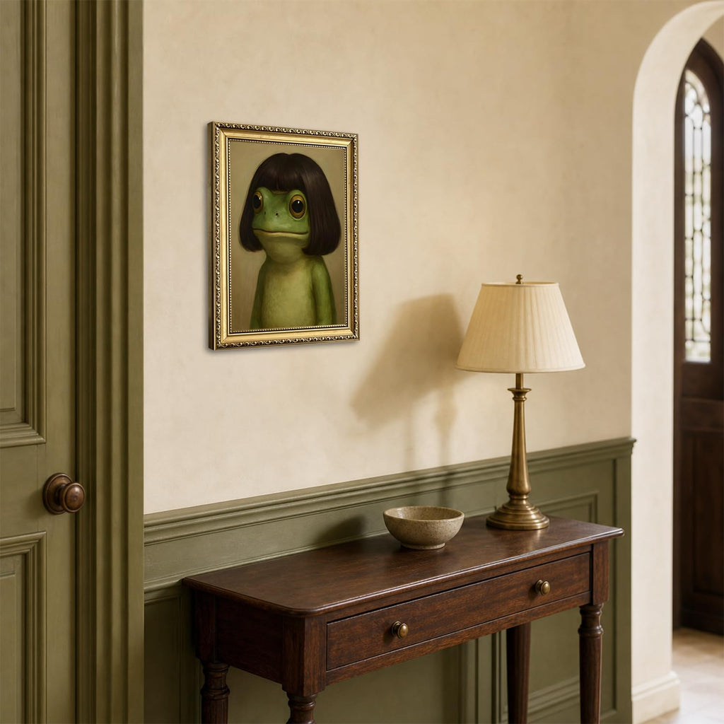 Gold Framed Funny Frog Wall Art, Whimsical Green Frog Wall Decor Painting Cute Animal Poster Canvas Prints Artwork