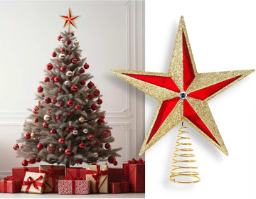 10 inch Large Filigree Red Velvet+Gold Glittered Christmas Star Tree Topper Star for Large Tree 6 feet-8 feet