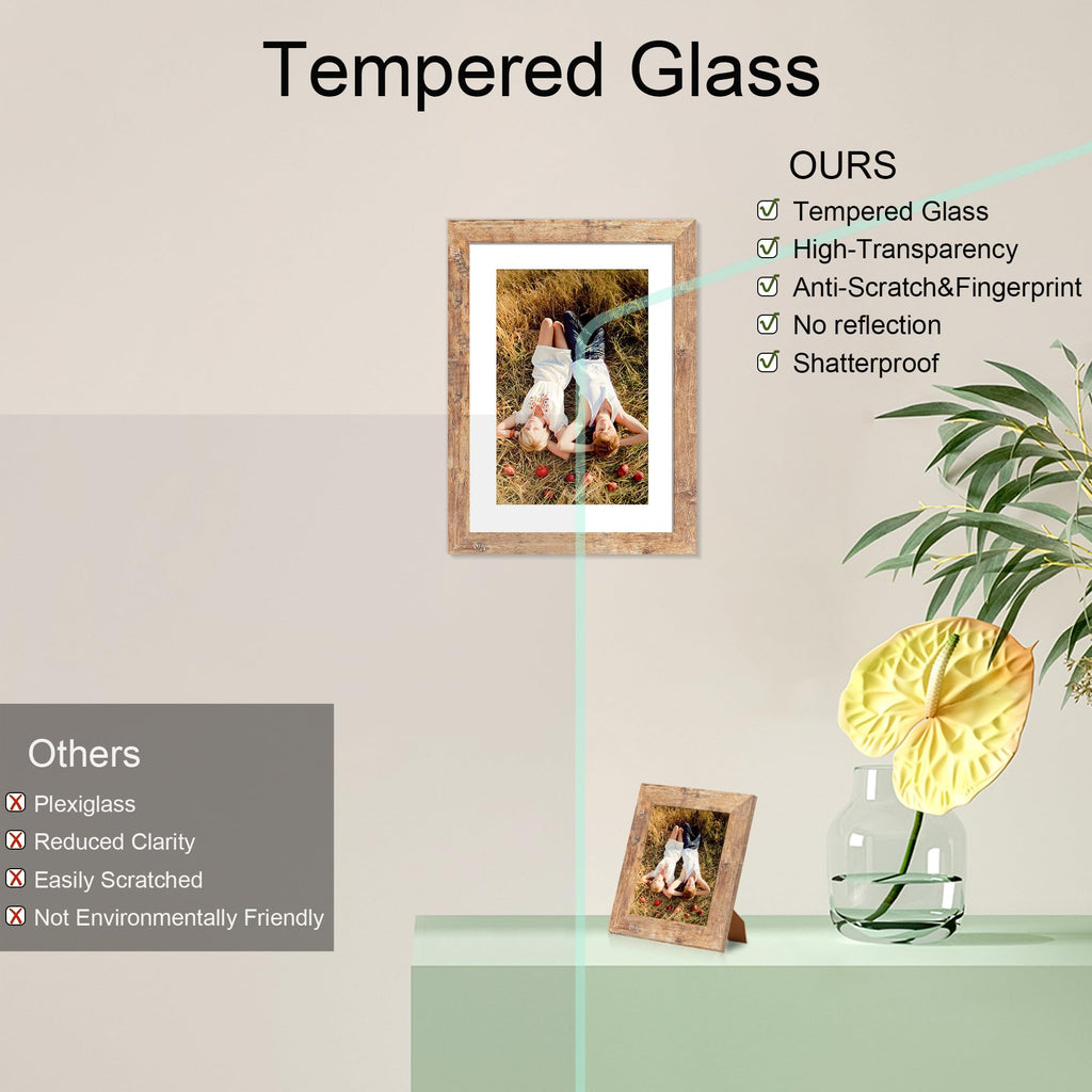 12x12 Picture Frame with HD Tempered Glass, Display Pictures 8x8 with Mat or 12 x 12 Without Mat, Wood Photo Frames