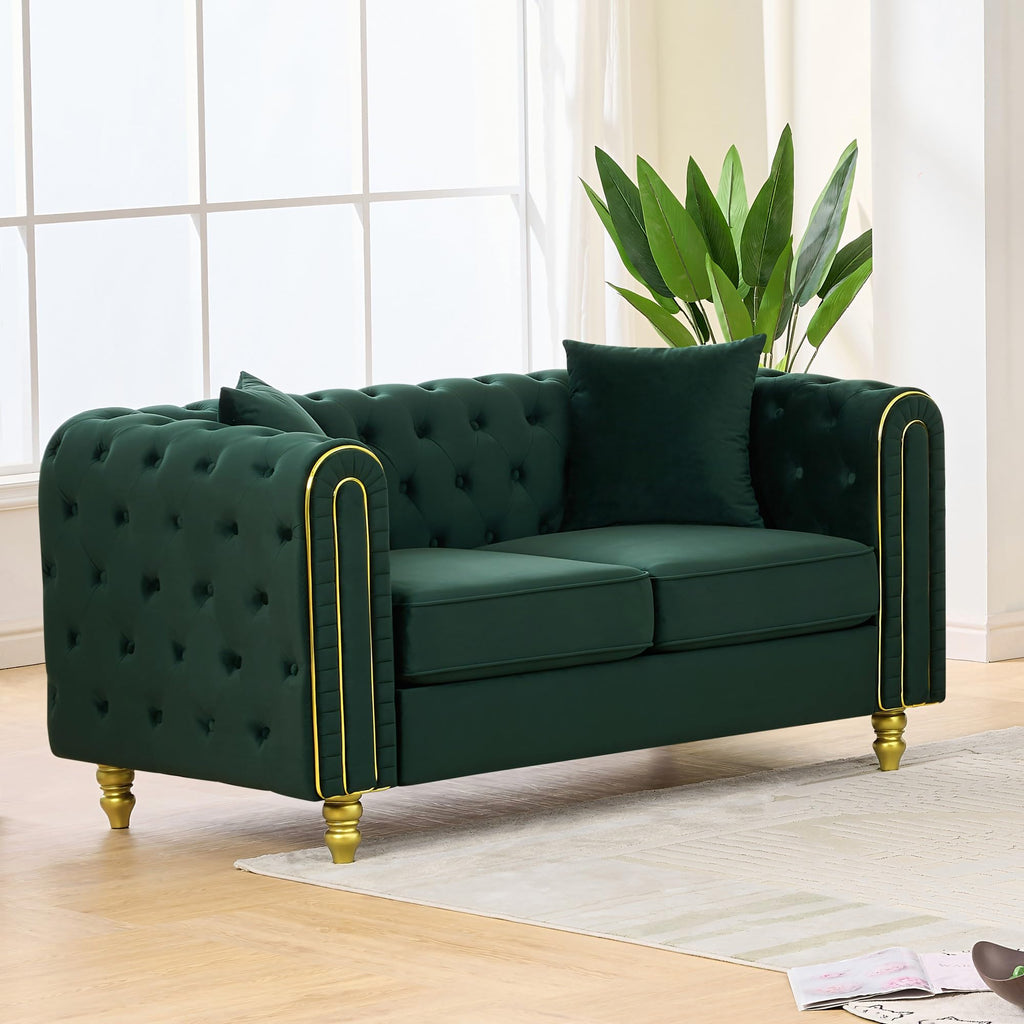 Velvet Chesterfield Button Tufted Sofa, Modern 2 Deep Seater Couch, Upholstered Comfy Loveseat Sofa with 2 Pillows