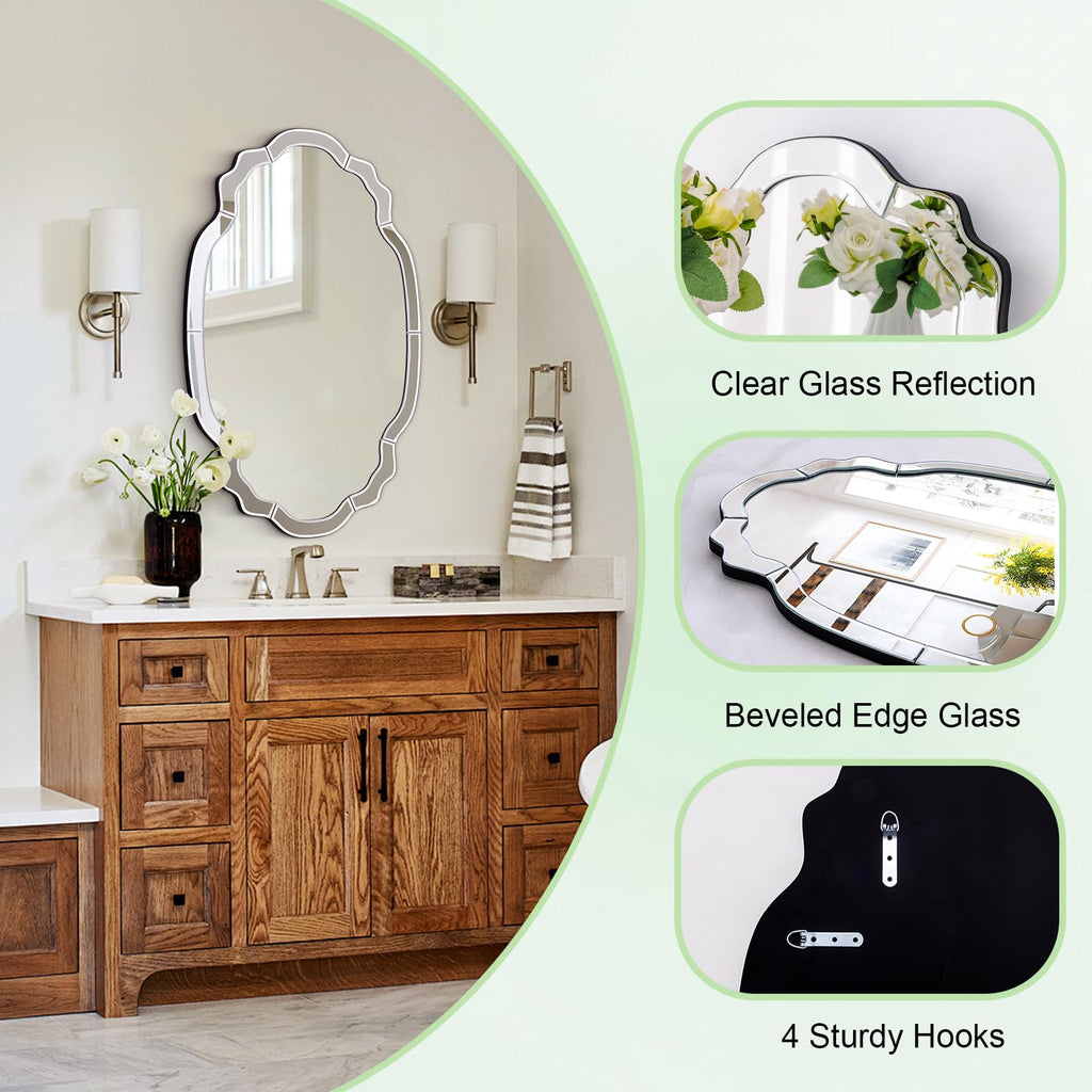 Modern Decorative Wall Mirror, 36'' x 24'' Scalloped Mirror with Beveled Glass Pieces, Large Wall Mirror, Mantel