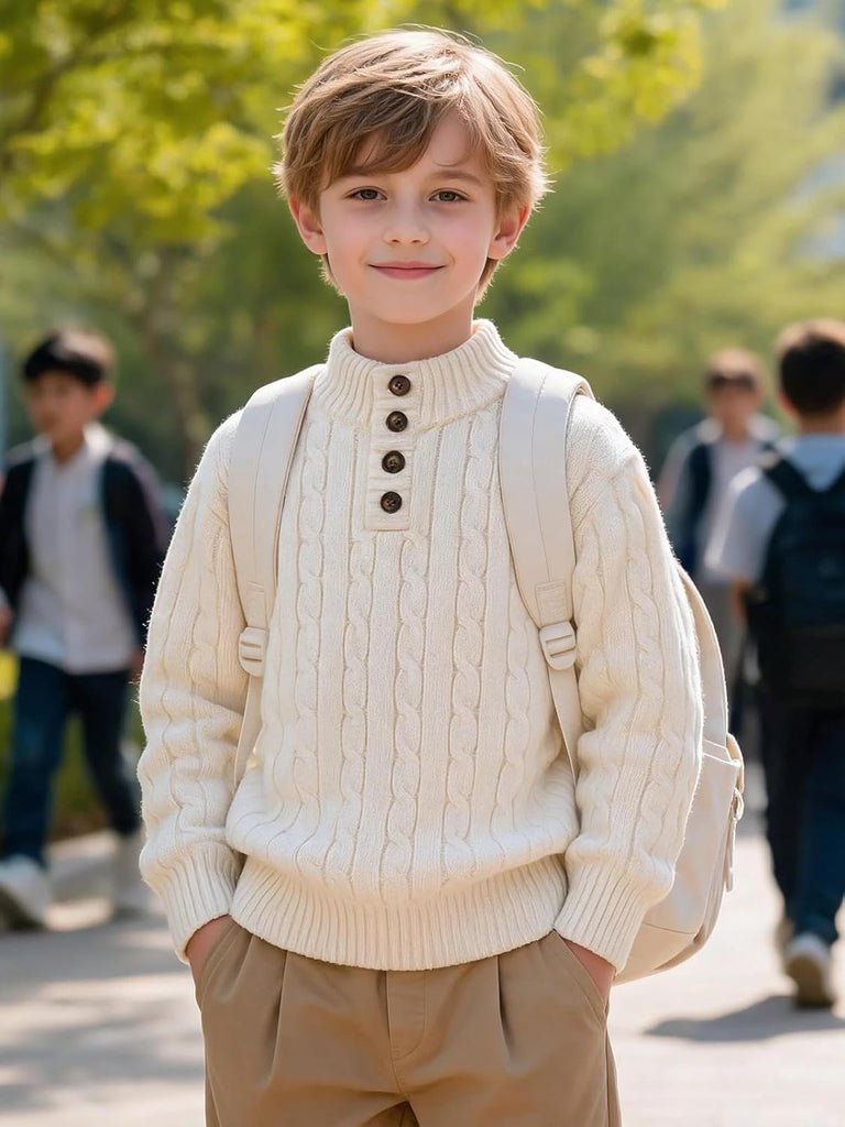 Boys Sweater Toddler Mock Neck Pullover Tops Button Cable Knit Sweaters