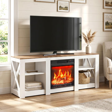 58" Fireplace TV Stand for TVs up to 70", Rustic Farmhouse Entertainment Center with Electric Heater & Adjustable