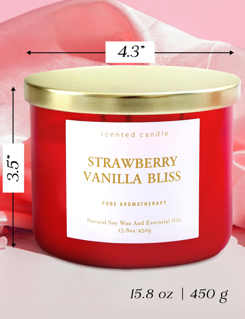 Strawberry Vanilla Bliss, 3-Wick Scented Soy Candle for Women, 15.8 Oz