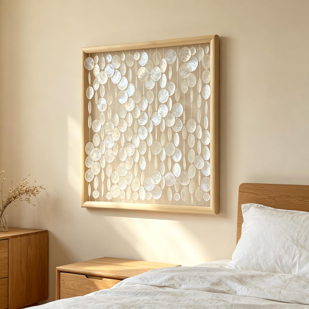 24x24 inch Handmade Capiz Shell Wall Art, Minimalist White Shell Wall Hanging with Wooden Frame, Coastal Wall Decor