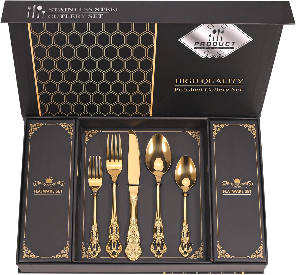 Retro Royal Gold Silverware Set With Gift Box For 8 Cutlery Set Utensils Stainless Steel Flatware 40 Pieces Kitchen