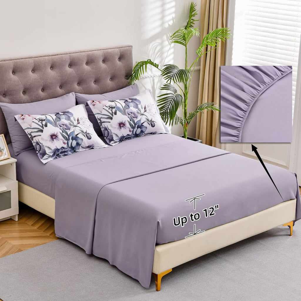 Luxudecor Floral Comforter Set Queen 7 Piece, Purple Flower Bed in a Bag, Elegant Floral Comforter with Sheet Set