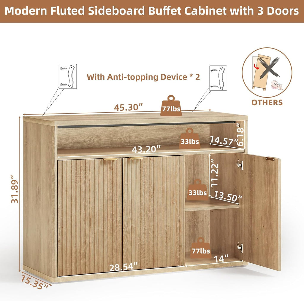 45" Fluted Buffet Cabinet with 3 Doors & Open Shelf - Natural Oak Sideboard Credenza with Gold Handles