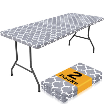 2 Pack Rectangle Table Cloth 6 Foot, Waterproof Elastic Fitted Tablecloths, Windproof Washable Polyester Table Cover