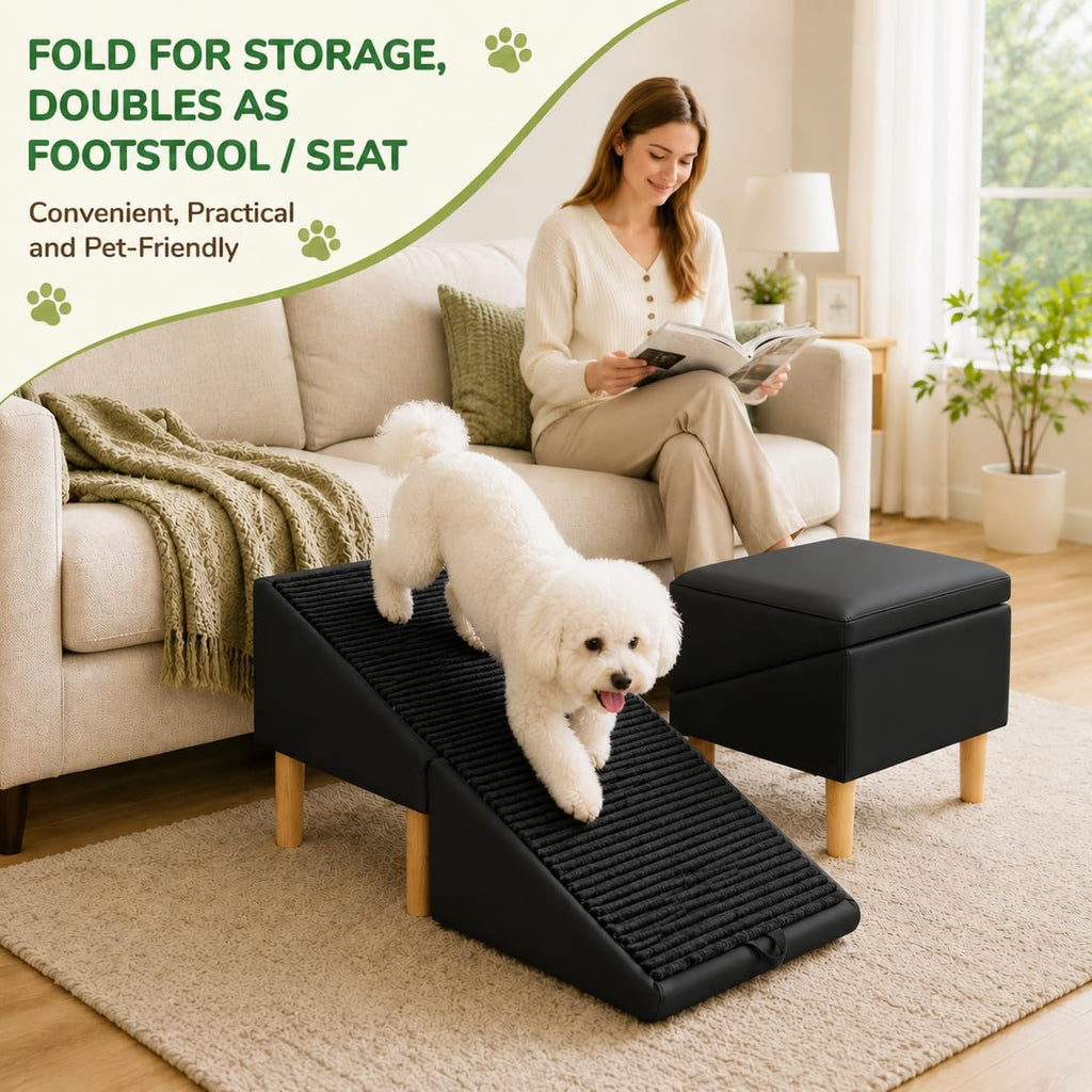 2-in-1 Foldable Ottoman Dog Ramp for Couch, Convertible Folding Dog Stairs for Couch and Bed, Non-Slip Wooden Pet