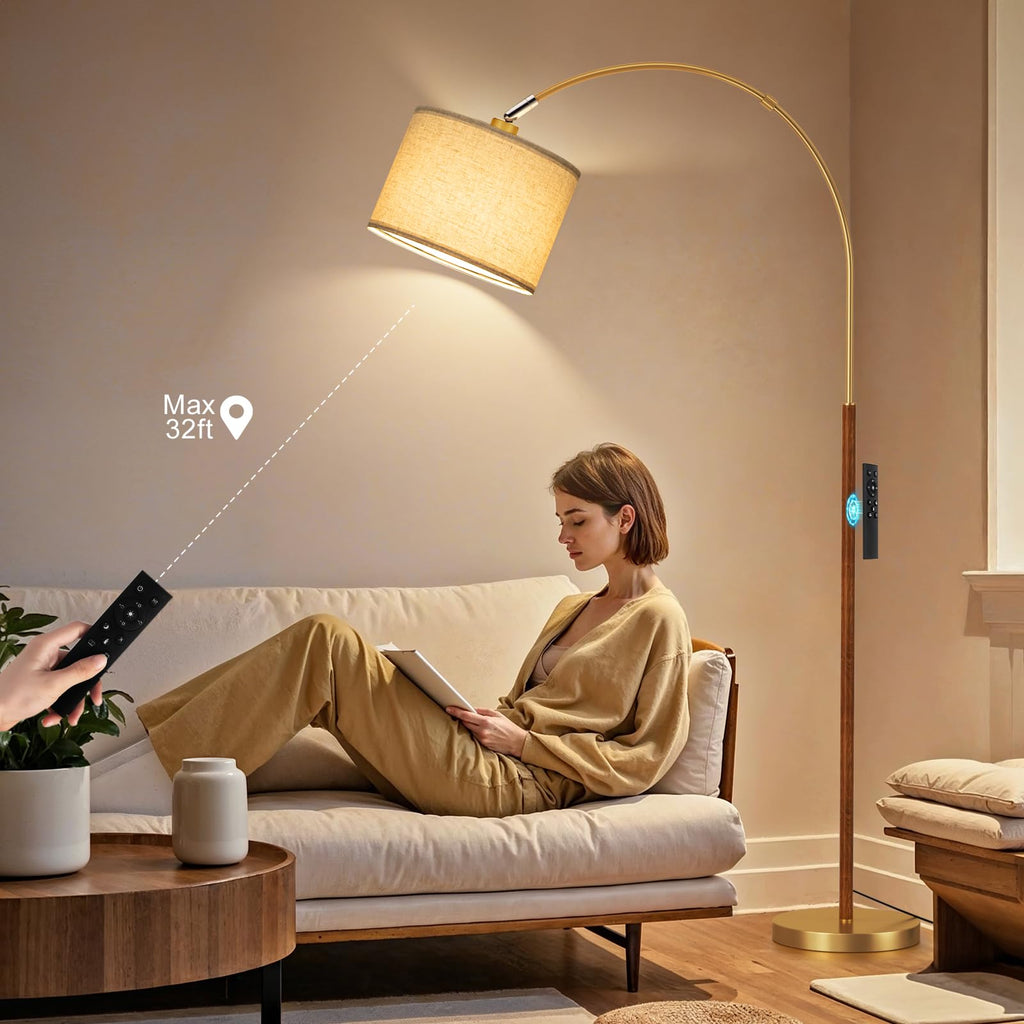Dimmable Arc Floor Lamp with Remote, Color Temp Adjust, Woodgrain