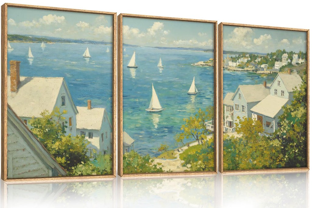 Large Coastal Sailboat Framed Canvas Wall Art Set, Summer Seascape Wall Decor, Nautical Blue Ocean Art Prints, Nature