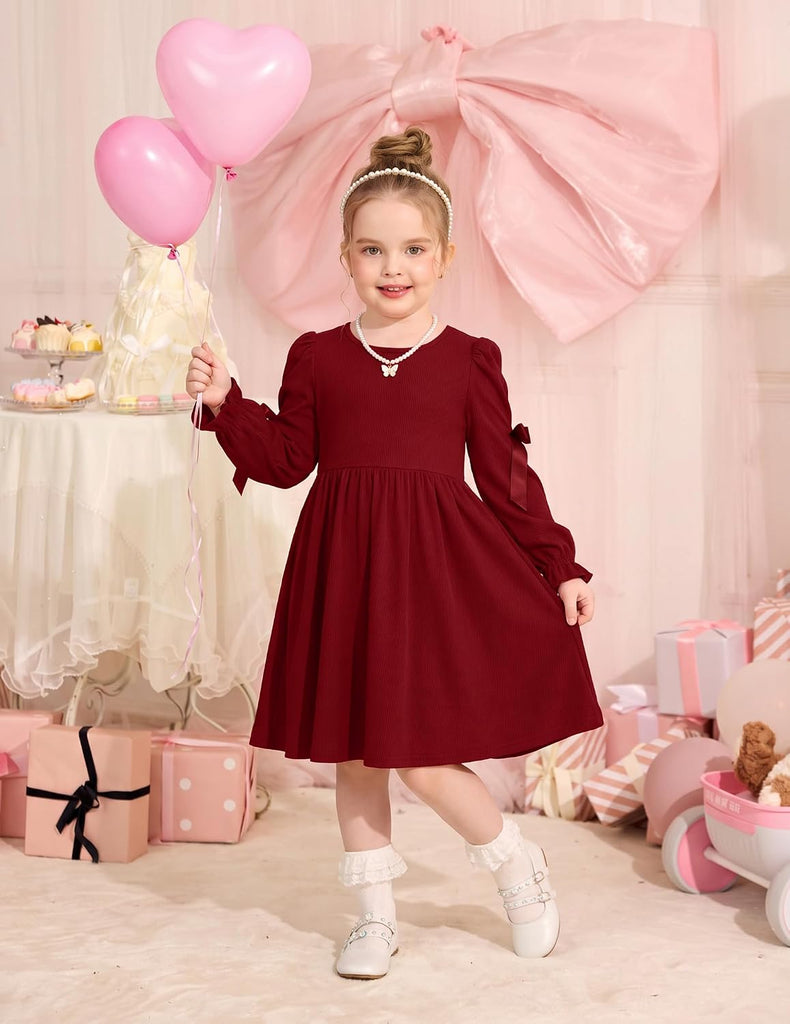 Toddler Girls Puff Long Sleeve Bowknot Fall Winter Party Dress