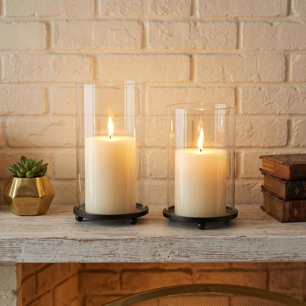 Hurricane Candle Holders Set of 2 - Pillar Candle Stands with Glass Sleeves for Fireplace Mantel & Dining Table