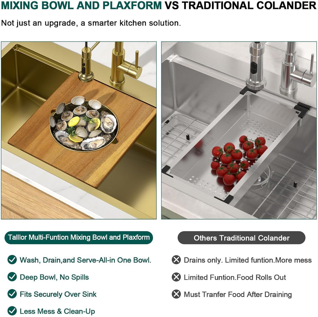 36x22" Gold Drop Sink, Workstation All-In One, SUS304 | 16 Gauge Stainless Steel Single Bowl Topmount Large Kitchen