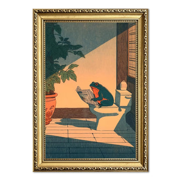 Funny Frog Bathroom Wall Art, Cute Japanese Frog in Toilet Wall Decor, Whimsical Green Animal Restroom Poster Canvas