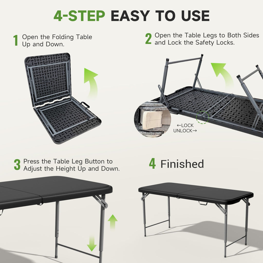 4 FT Folding Table, 3-Position Adjustable Height, Heavy Duty 400 lbs Capacity, Portable Table for Camping, Party