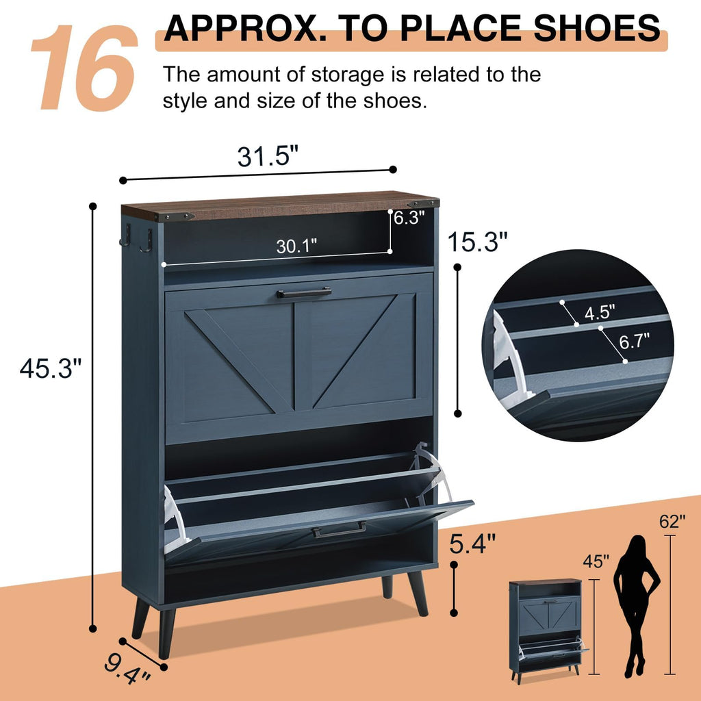 Farmhouse Shoe Storage Cabinet with 2 Flip Drawers & Open Storage