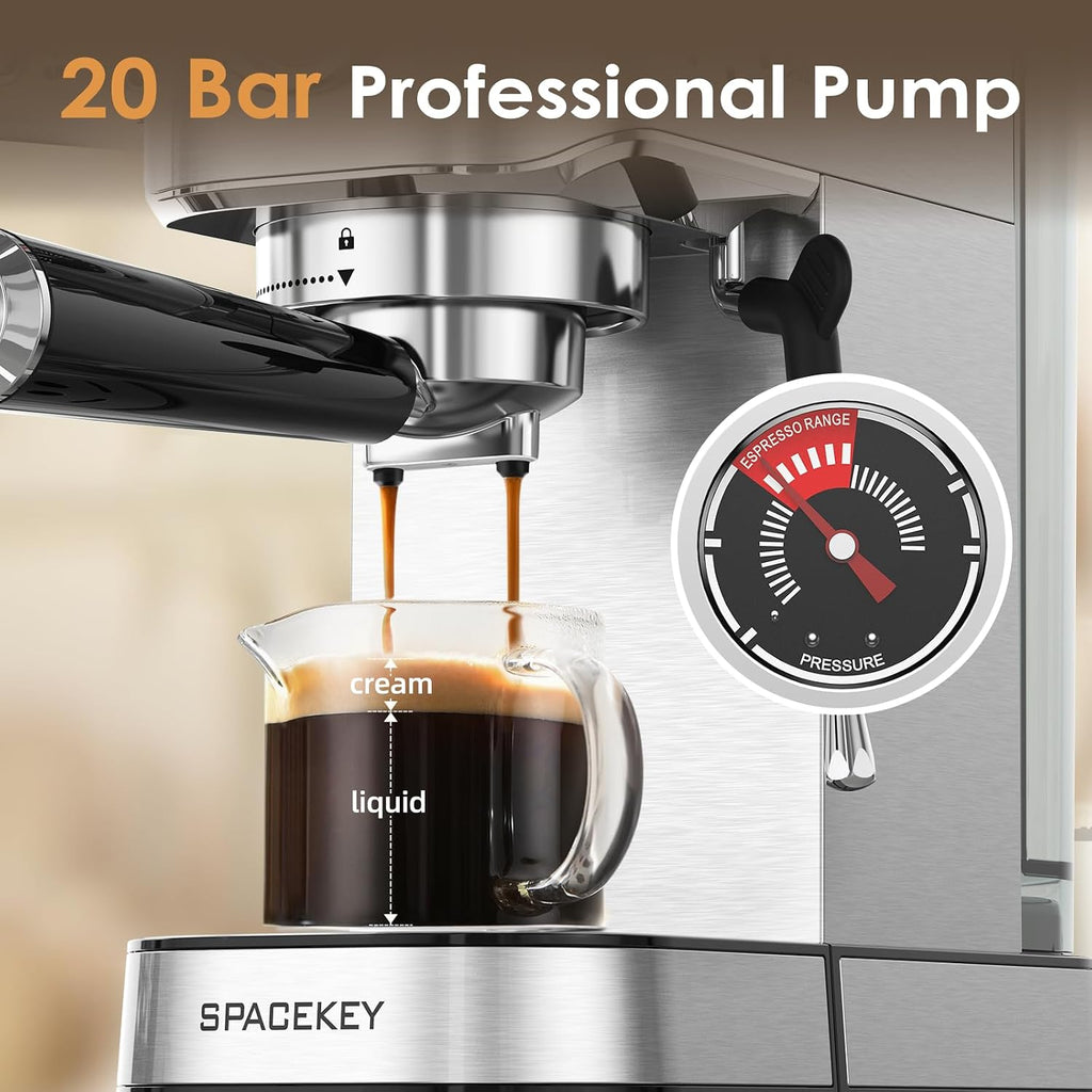 Espresso Machine with Milk Frother, 20 Bar Compact Expresso Coffee Machines , Stainless Steel Espresso Maker with