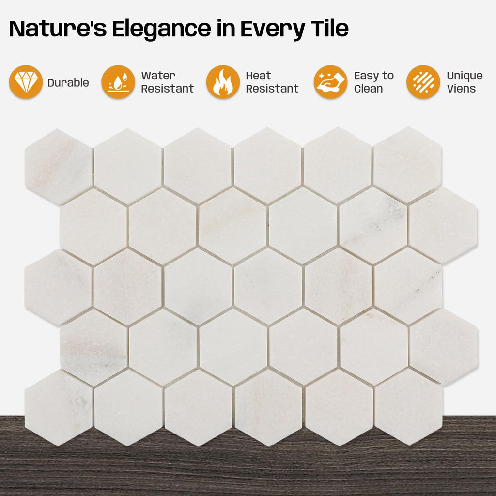 Marble Mosaic Tile, 2 Inch Hexagon, Honed, White Natural Stone Mosaic Tiles Backsaplsh, Shower Floor, Bathroom
