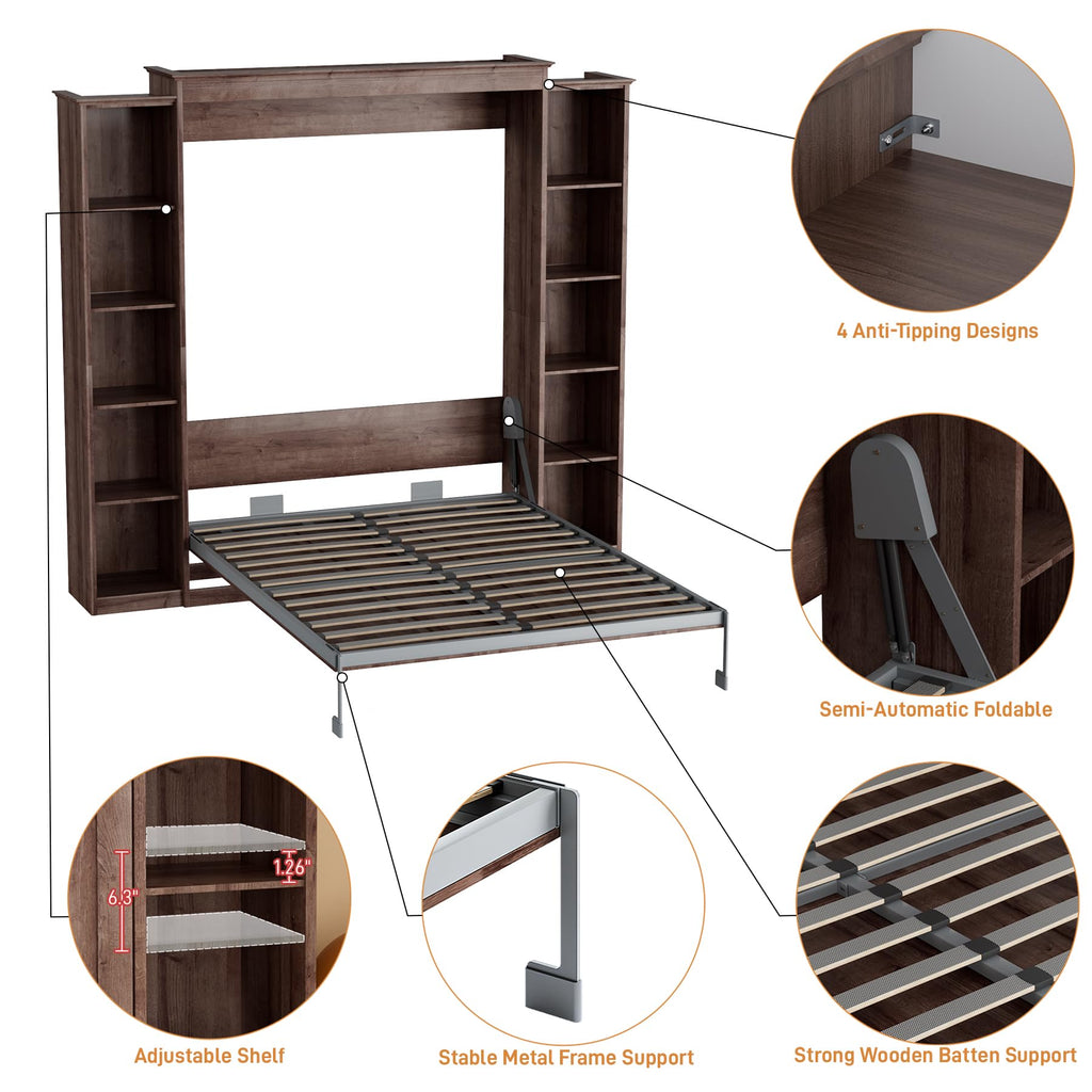 Murphy Bed Full Cabinet with 5-Tier Shelves, Wood Wall Bed, Walnut