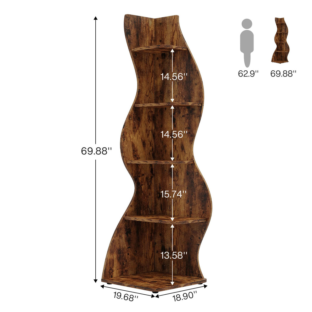 Corner Shelf, Rustic 5-Tier Wall Corner Bookshelf, Stylish Corner Small Bookcase Storage Rack Plant Stand with Unique