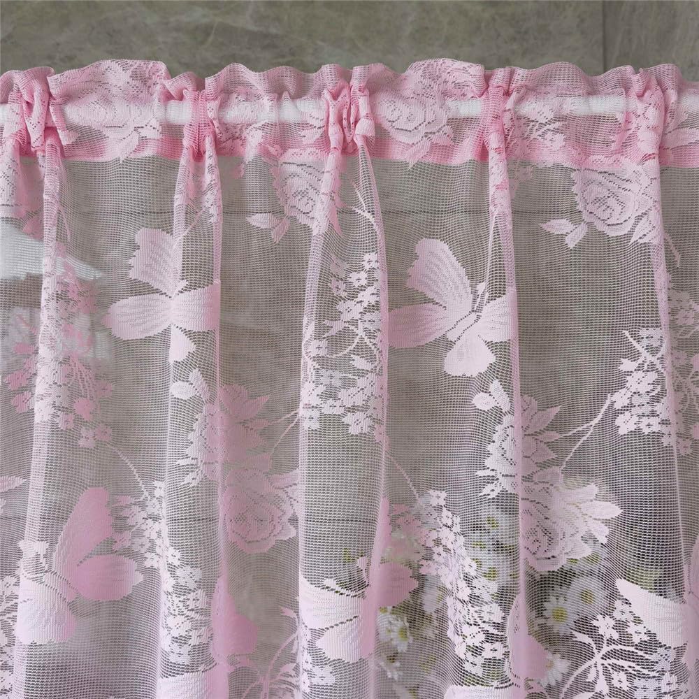 2 Panels Pink Butterfly Embroidery Arched Lace Sheer Curtain Valance
