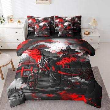 Full Size 7 Pieces Comforter Set Japanese Style Bed Sheet Samurai Dragon Bedding Sets Black Red Reversible Bed Sheet