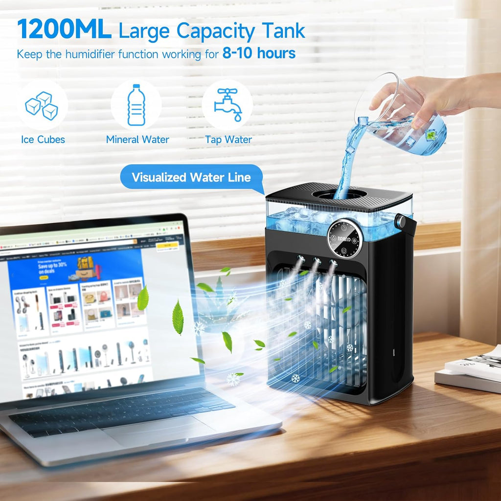 Portable Air Conditioners, 4 in 1 Evaporative Air Cooler with 1200ML Tank, Queit Cooling Fan with Remote Control, 2