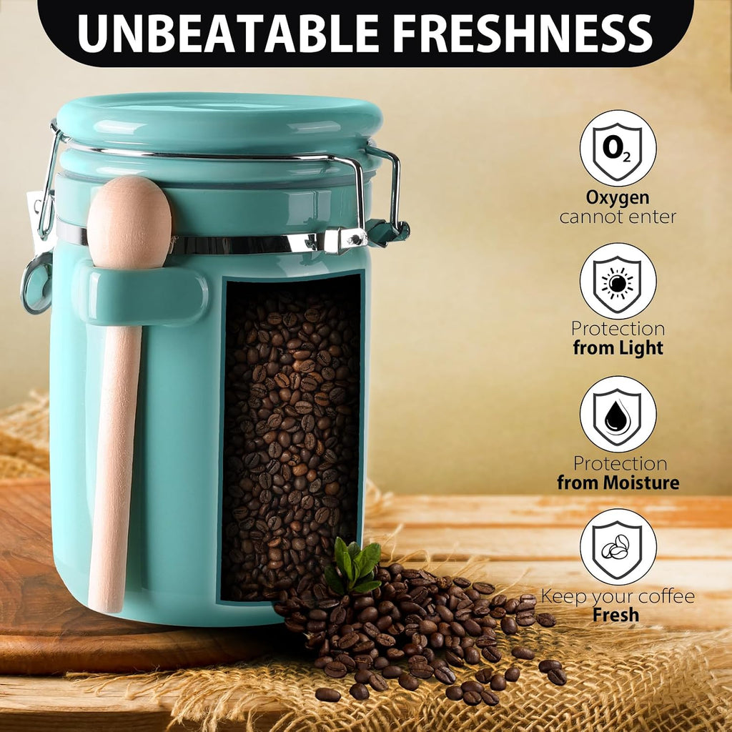 Airtight Ceramic Canister Set With Attached Wooden Spoon Reusable Chalk Labels For Dry Goods Sugar Coffee Tea - Set of 4