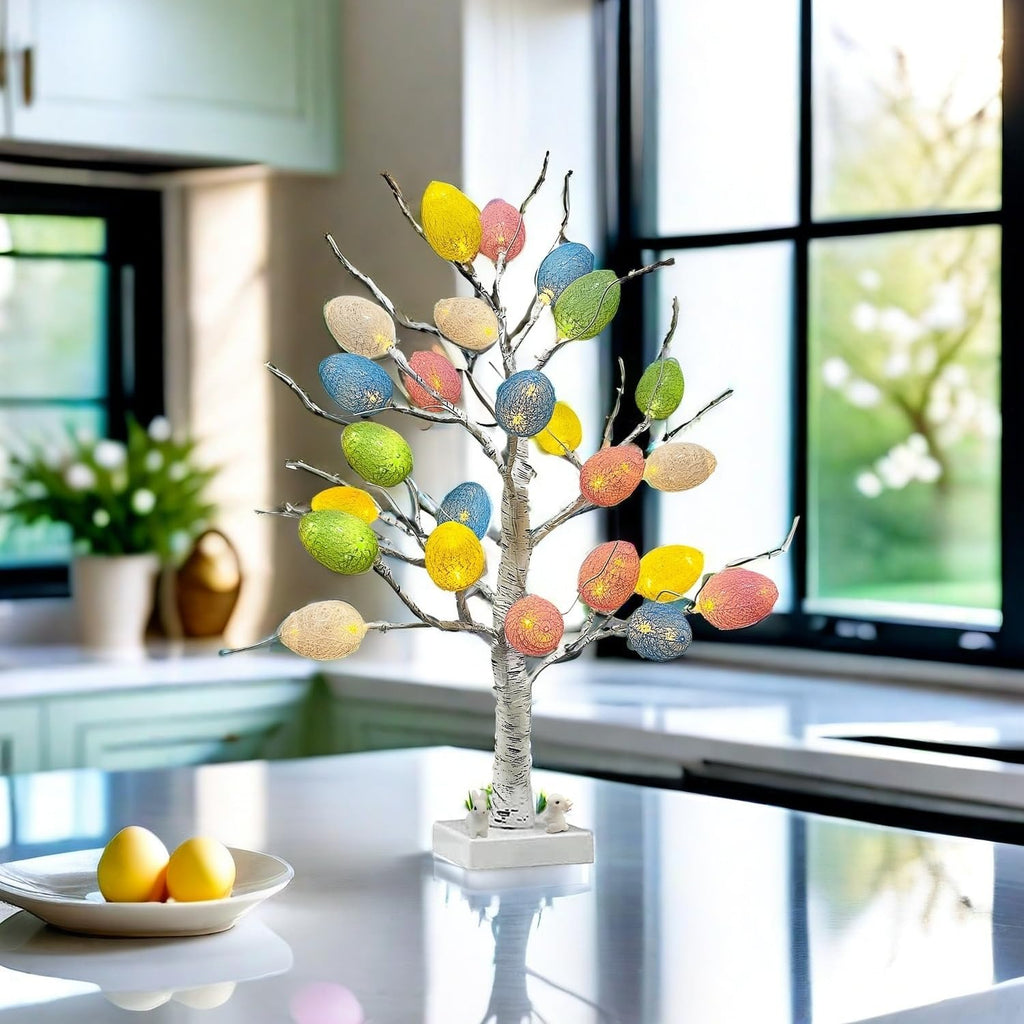 Easter Decorations,Pre-Lit Artificial Easter Egg Tree with LED Lights,2FT Lighted Birch Tree,Light up Tree Lamp