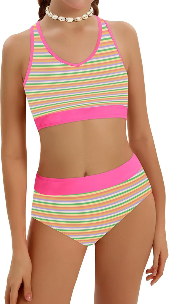 Girls Swimsuit Color-Block High Waist Sporty Sets Girls Two Piece Bathing Suit with Chest Pad Swimwear