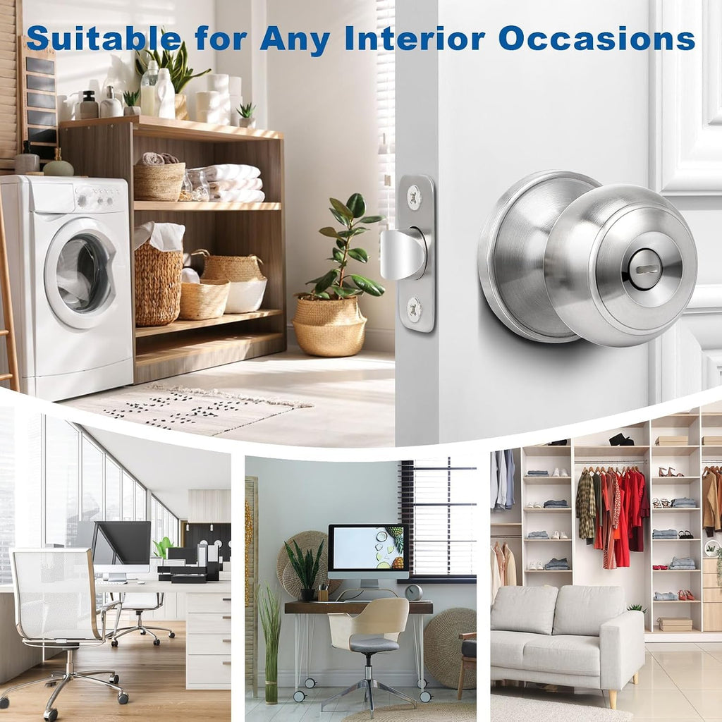 Privacy Door Knob, 5 Pack Brushed Nickel Round Keyless Doorknobs