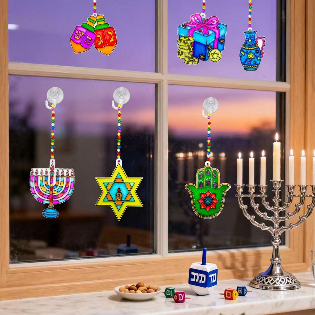 Suncatchers Kit 30Sets Hanukkah Suncatchers Window Art Paint Sun Catcher DIY Craft Kits Chanuka Dreidel Star - Set of 30