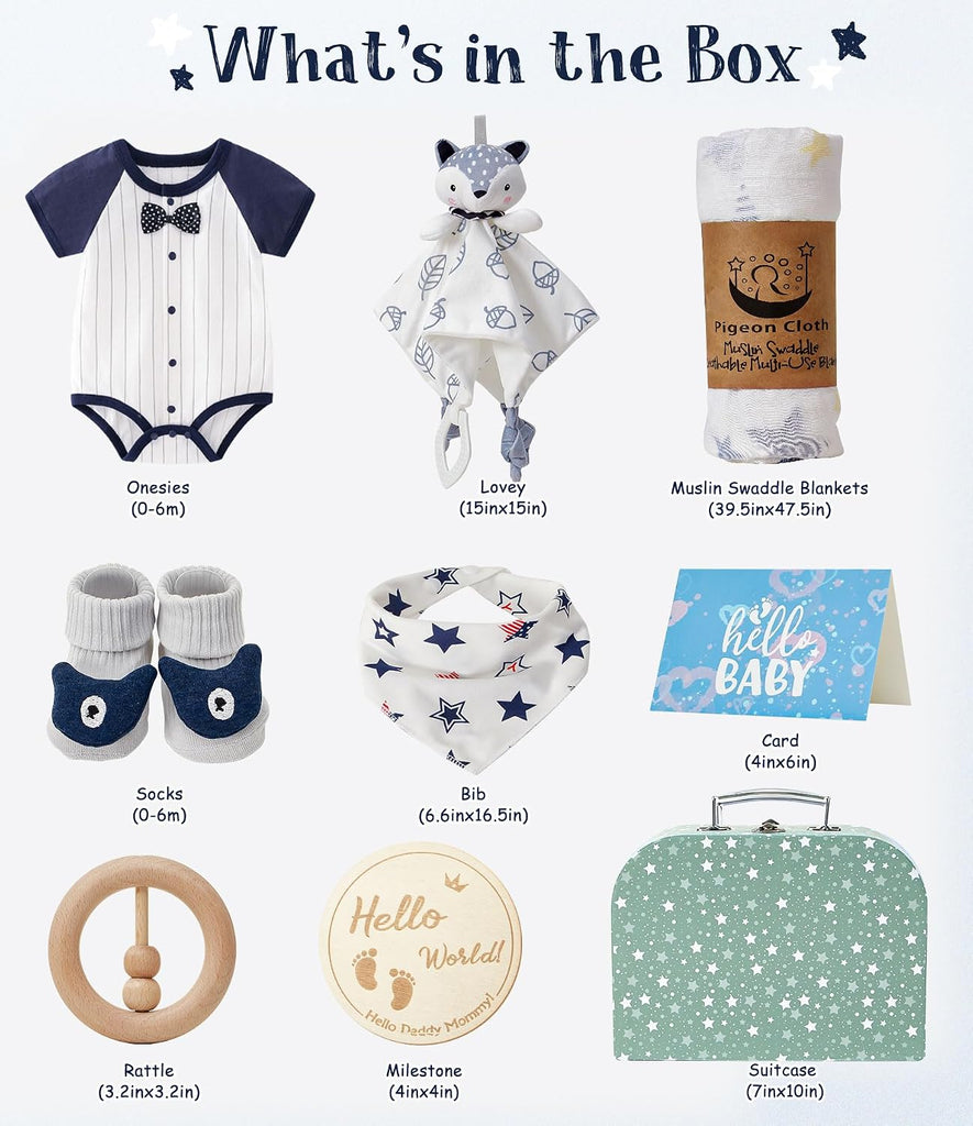 Baby Boy Gifts for Baby Shower, 9pcs Newborn Essential with Fox Lovey/Blanket/Onesie/Wooden