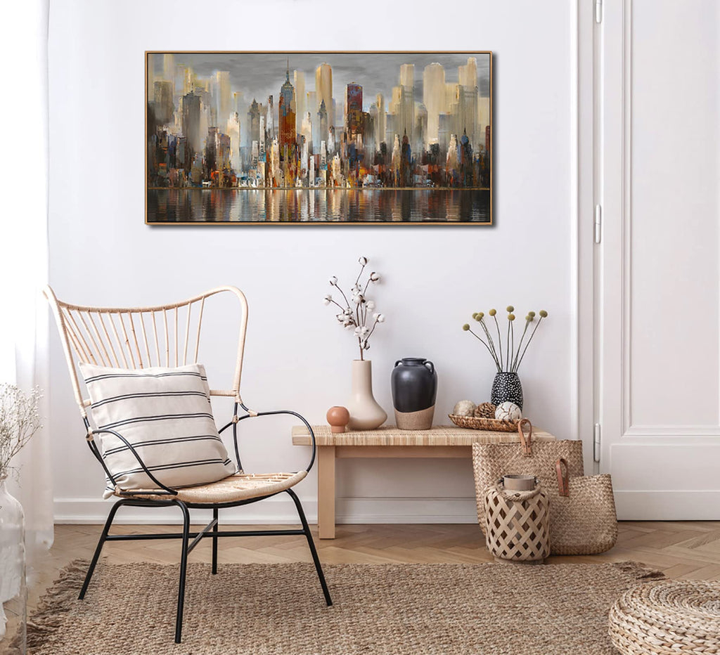 Abstract Modern Canvas Wall Cityscape New York Wall Decor City Theme Paintings Brown Framed Pictures Office Artwork