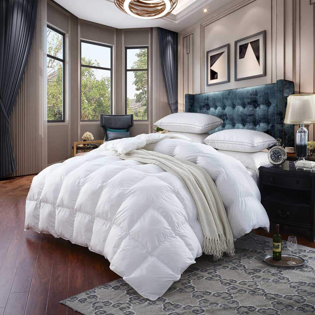 100% Egyptian Cotton Baffle Box All Year Goose Down Comforter, White, Queen, 750 FP, 50 oz