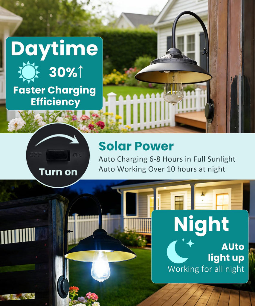 Solar Barn Lights with Motion Sensor for Outside - 2 Pack Black