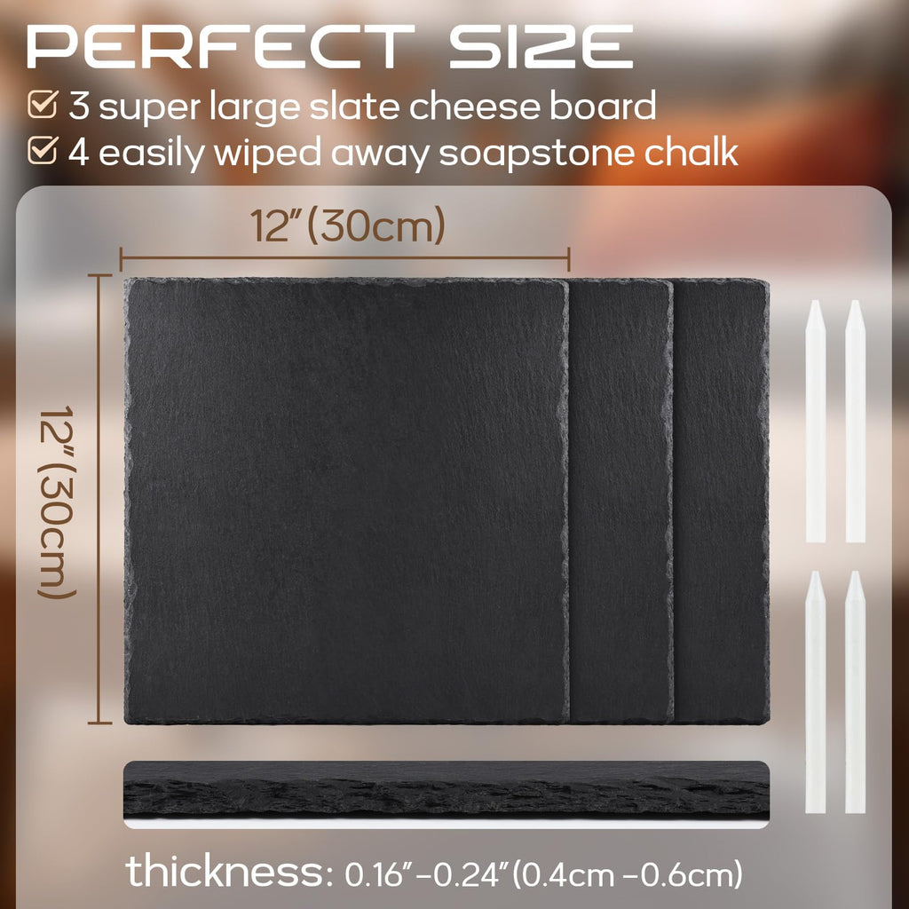 12" x 12" 3 PCS Slate Cheese Board, Charcuterie Boards Natural Stone Plates