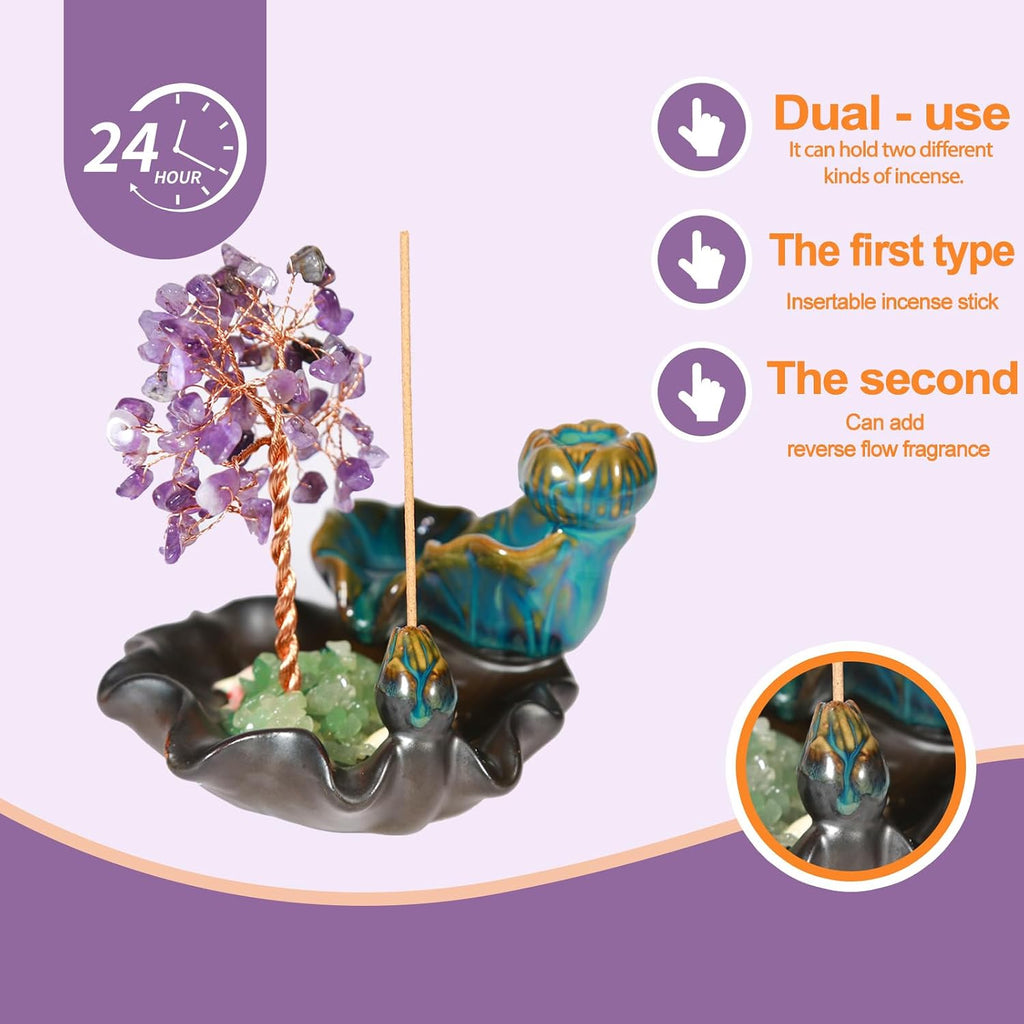 Ceramic Waterfall Incense Burner, Money Tree Backflow Holder Healing Crystal Stone, with 30 Cones + Stick for Yoga - Set of 63