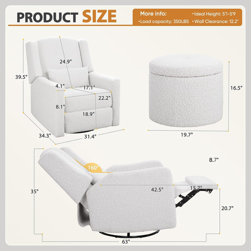 Power Recliner Chair Swivel Glider, Large Rocker Recliner, Cream | Boucle Upholstered Swivel Rocker Glider Recliner