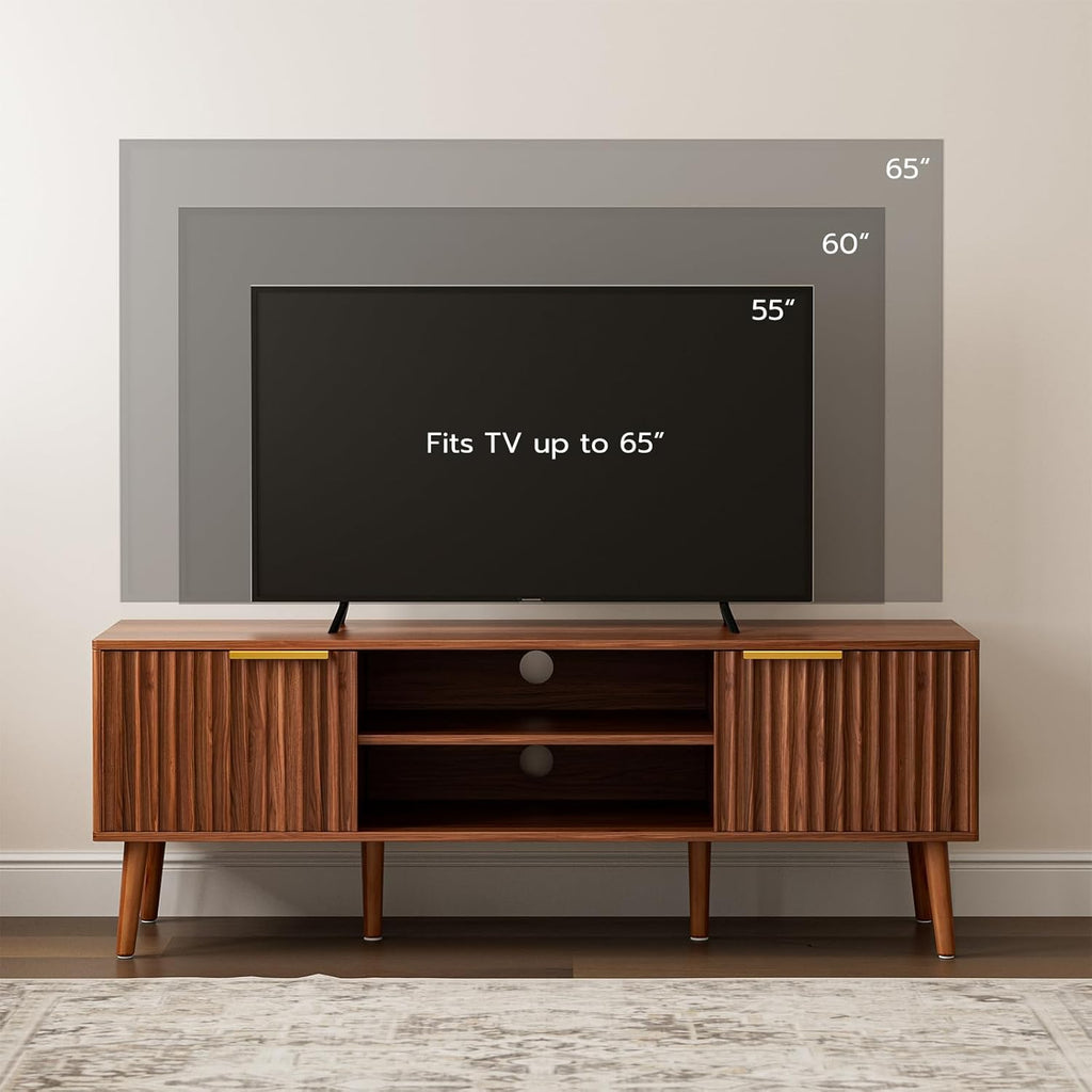 TV Stand with Fluted Doors for TVs up to 65", Mid-Century, Walnut | 54.3"W 15.3"D 19.6"H, 150 lbs capacity, 2 fluted