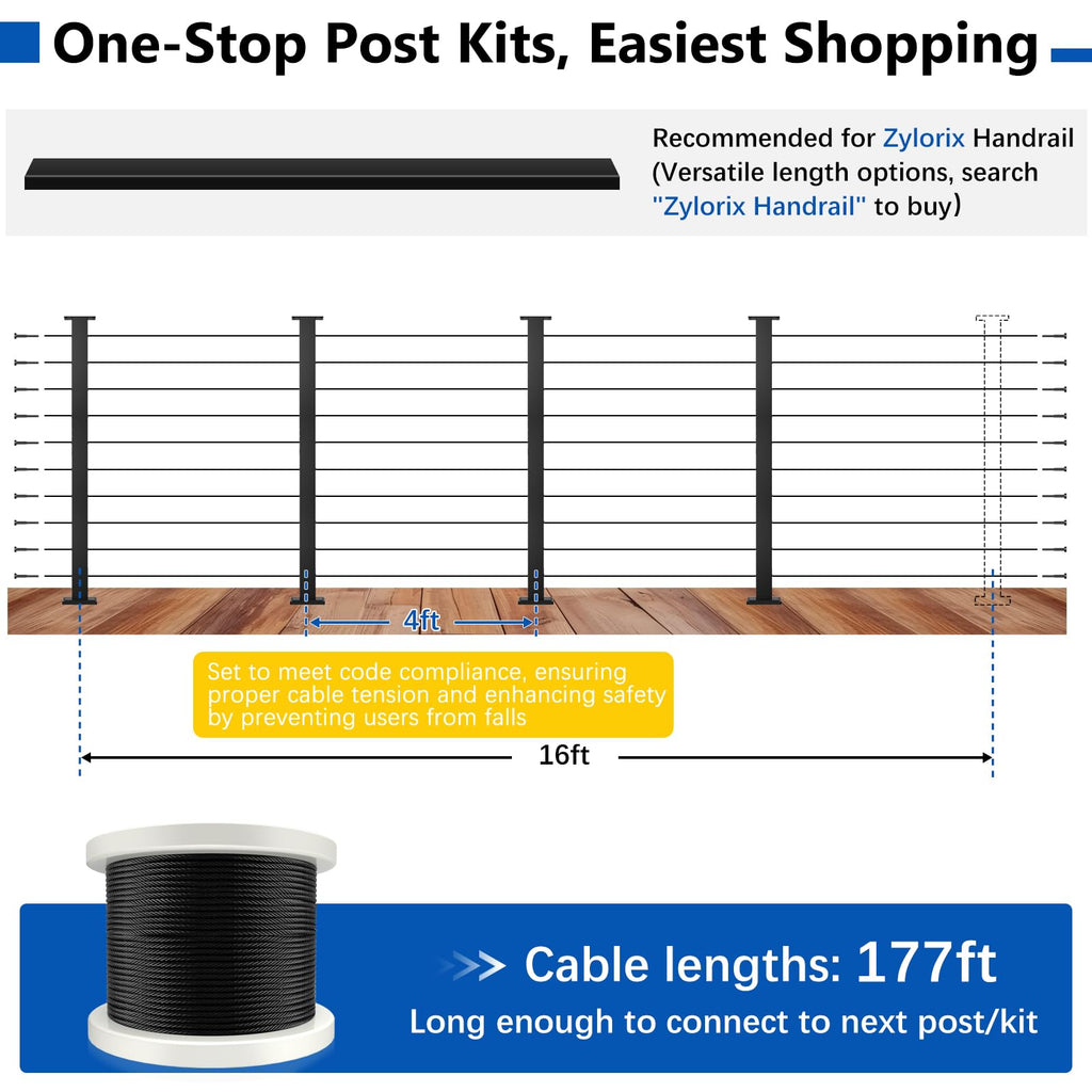 36" Modular 12-16FT Cable Railing Post Kit for Deck Surface Mount