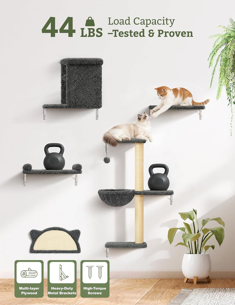 5-in-1 Cat Wall Shelves, Solid Wood Cat Wall Furniture Set for Indoor Cats