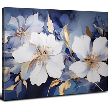 Abstract Flower Canvas Wall Art Blue and Gold Wall Decor Modern Marble Floral Picture Canvas Prints Bedroom