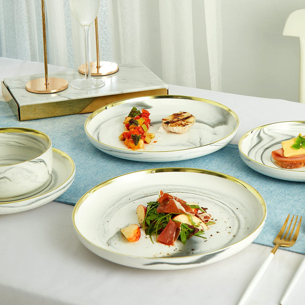 Marble Gold Rim Dinnerware Sets, Porcelain Plates and Bowls Sets